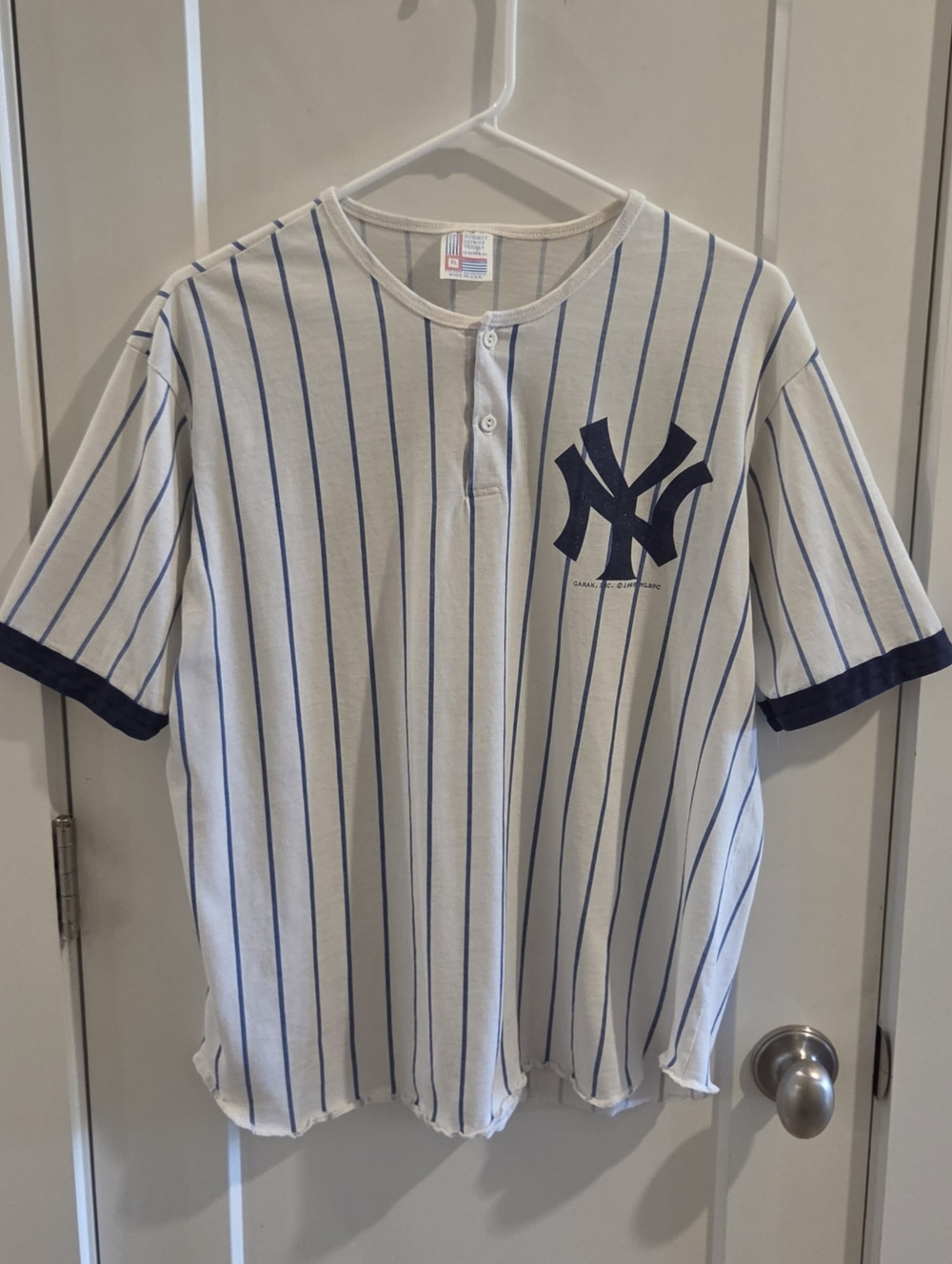 Vintage 1988 Garan New York Yankees Pinstripe T-Shirt Jersey - Size XL - White